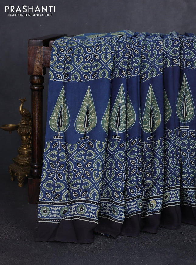 Modal silk saree indigo blue and black with allover ajrakh prints and printed border