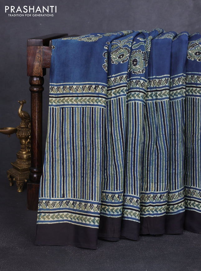 Modal silk saree blue and black with allover ajrakh prints and printed border