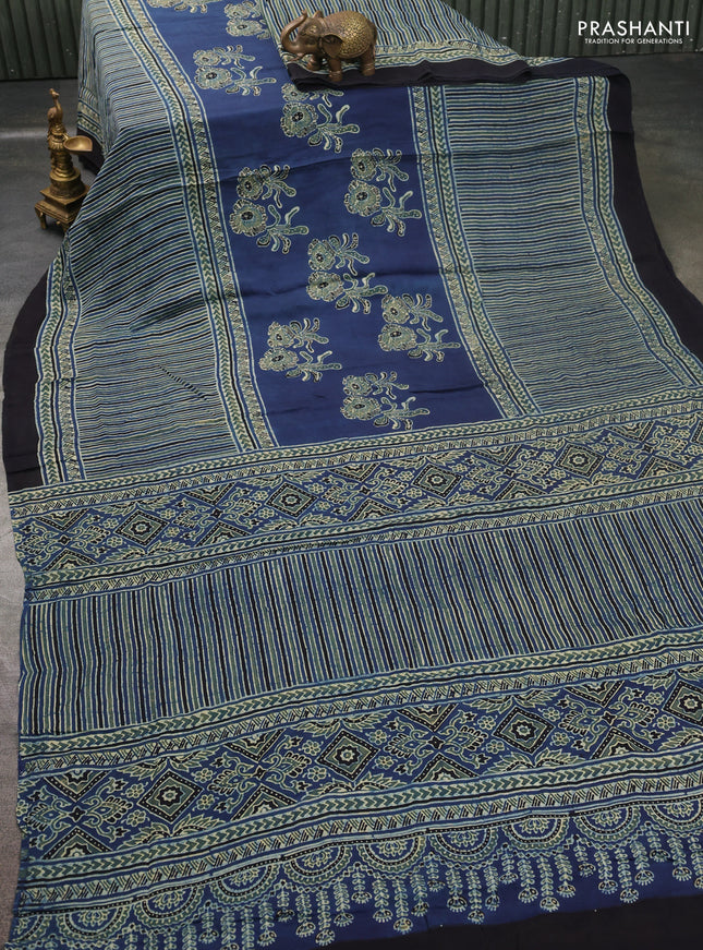 Modal silk saree blue and black with allover ajrakh prints and printed border