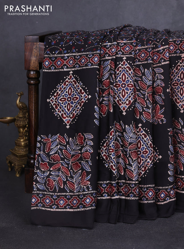 Modal silk saree black with allover ajrakh prints and printed border