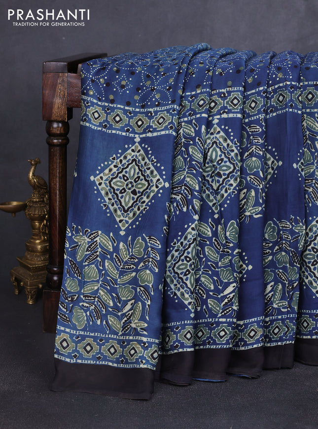 Modal silk saree indigo blue and black with allover ajrakh prints and printed border