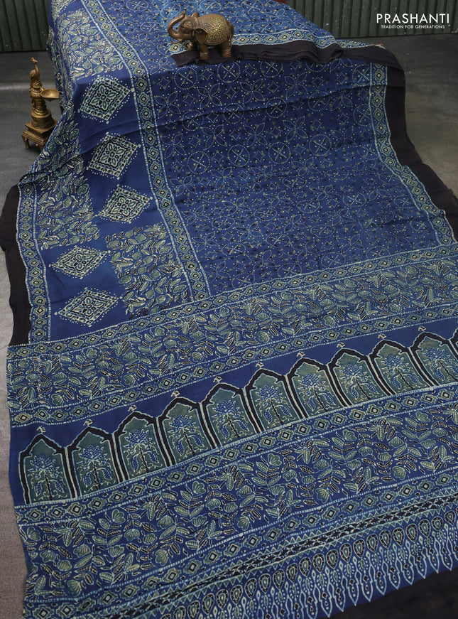 Modal silk saree indigo blue and black with allover ajrakh prints and printed border