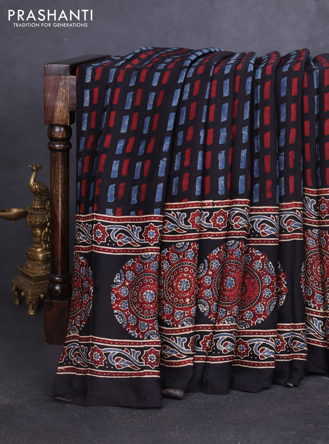 Modal silk saree black with allover ajrakh prints and printed border