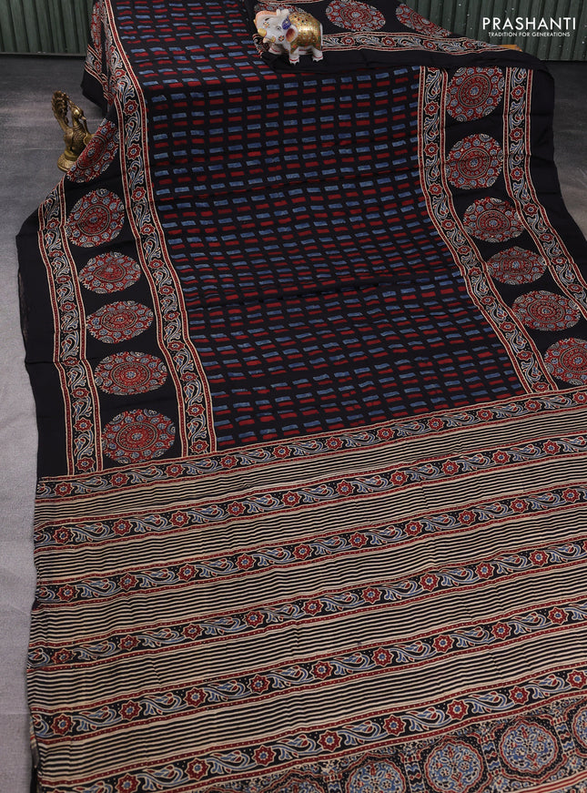 Modal silk saree black with allover ajrakh prints and printed border