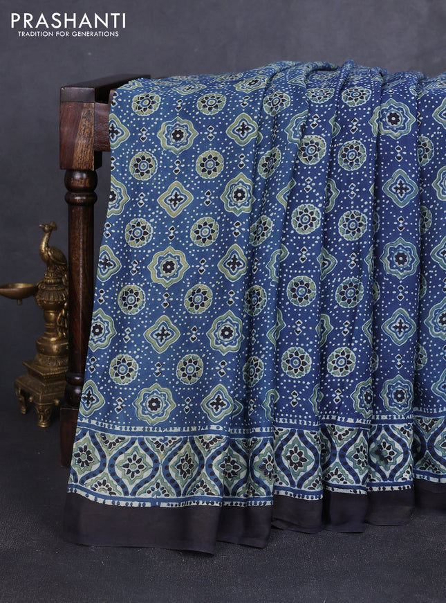 Modal silk saree indigo blue and black with allover ajrakh prints and printed border