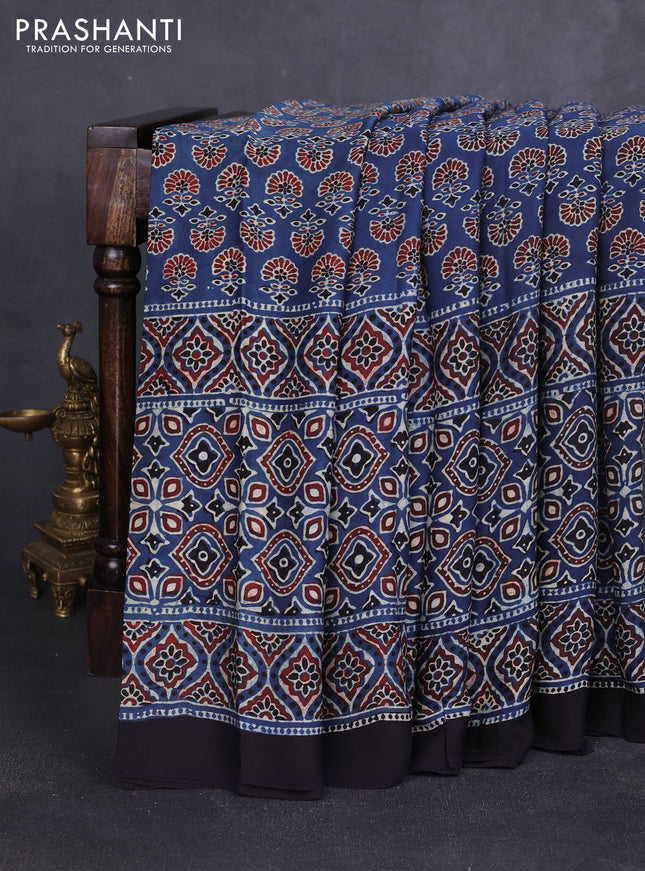 Modal silk saree indigo blue and black with allover ajrakh prints and printed border