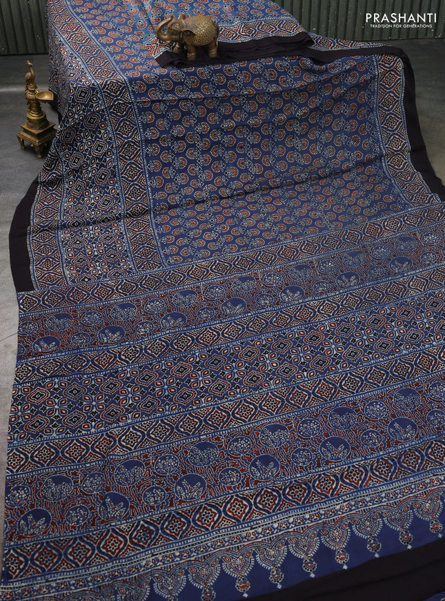 Modal silk saree indigo blue and black with allover ajrakh prints and printed border