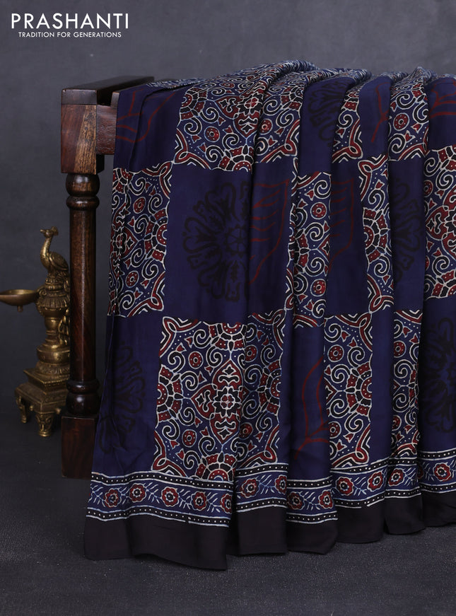 Modal silk saree indigo blue and black with allover ajrakh prints and printed border