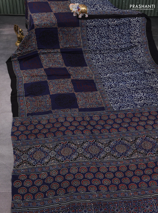 Modal silk saree indigo blue and black with allover ajrakh prints and printed border