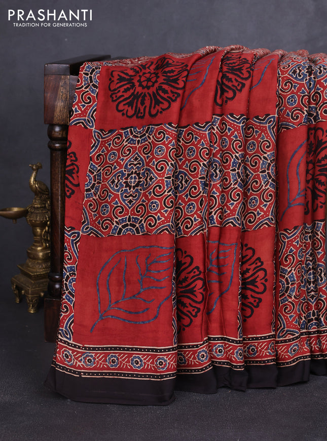 Modal silk saree maroon and deep coffee brown with allover ajrakh prints and printed border