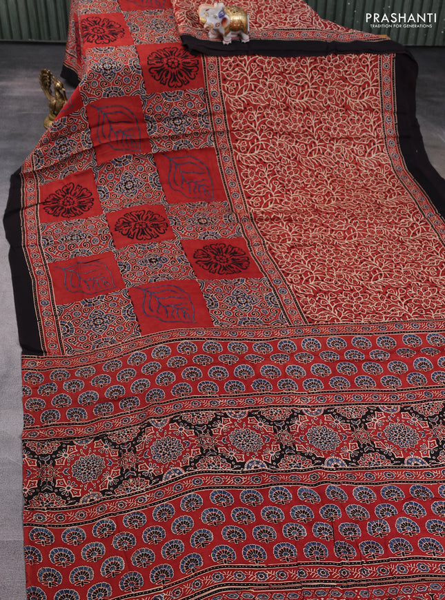 Modal silk saree maroon and deep coffee brown with allover ajrakh prints and printed border