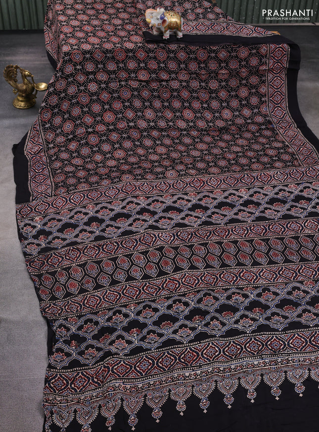 Modal silk saree black with allover ajrakh prints and printed border