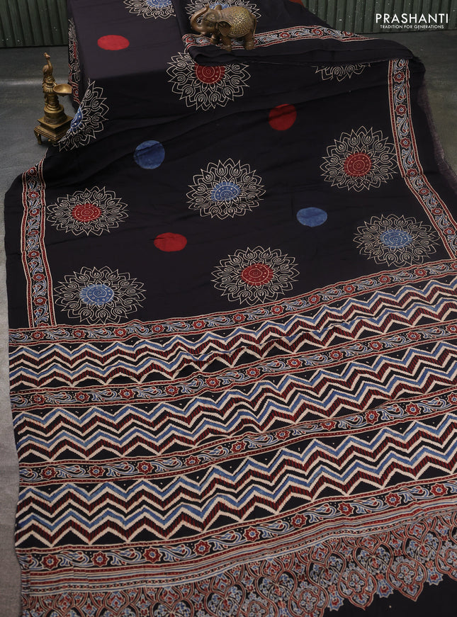 Modal silk saree black with allover ajrakh prints and printed border