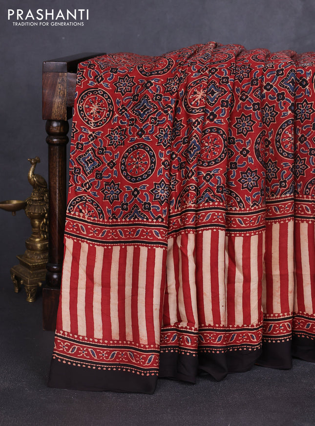Modal silk saree maroon and coffee brown with allover ajrakh prints and printed border