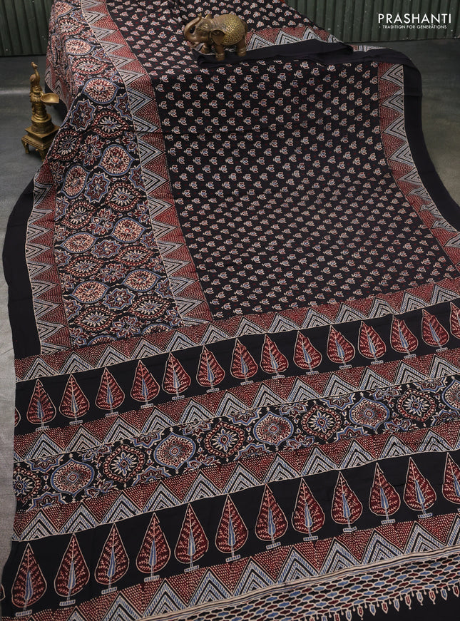 Modal silk saree black with allover ajrakh prints and printed border