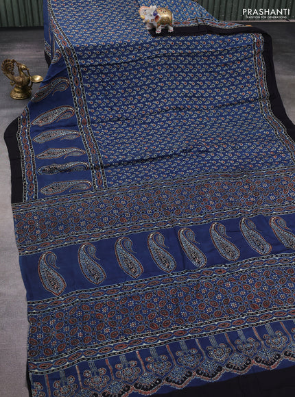 Modal silk saree blue and black with allover ajrakh prints and printed border