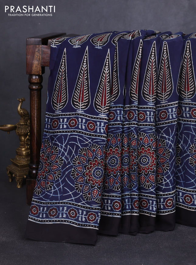 Modal silk saree blue and black with allover ajrakh prints and printed border