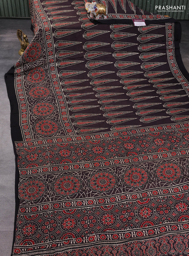 Modal silk saree brown and black with allover ajrakh prints and printed border