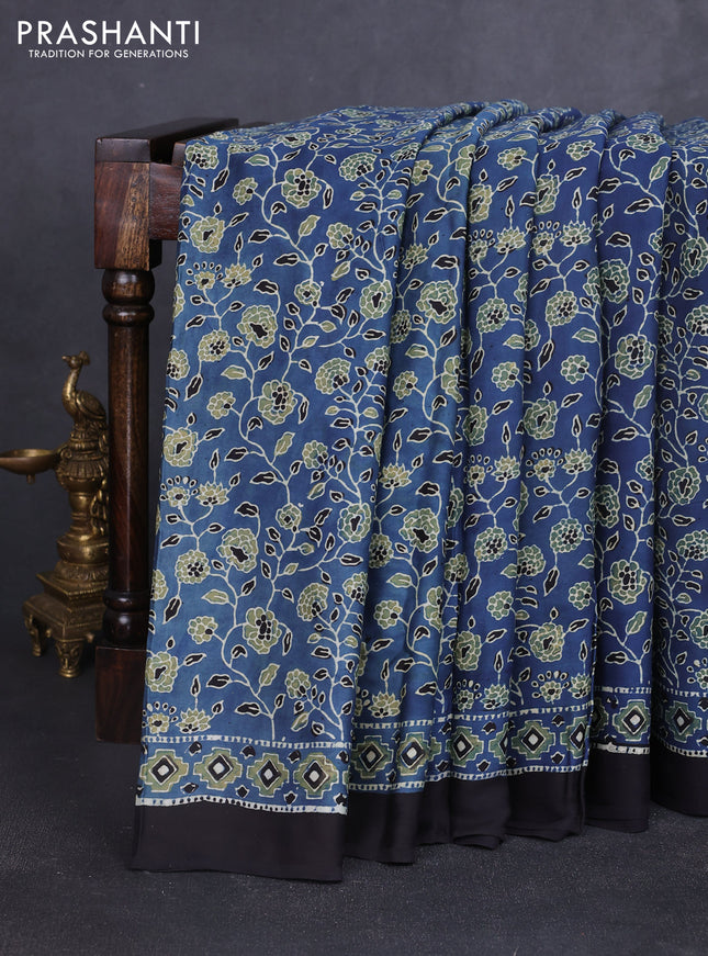 Modal silk saree indigo blue and black with allover ajrakh prints and printed border