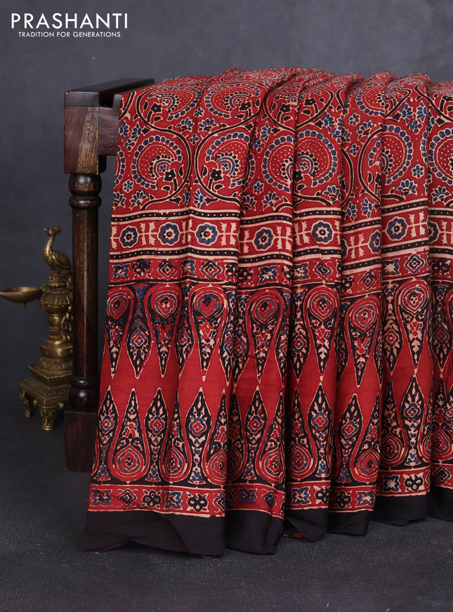 Modal silk saree maroon and coffee brown with allover ajrakh prints and printed border