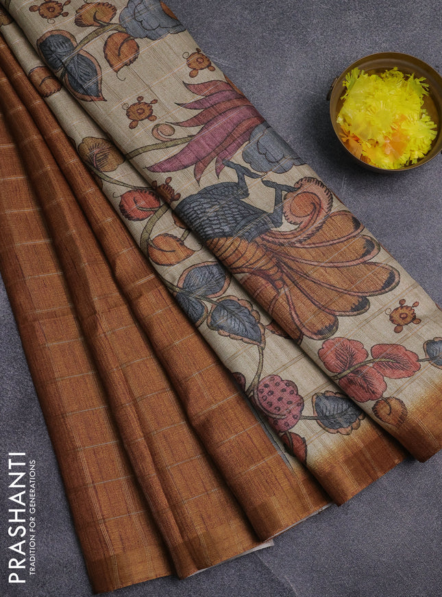 Semi tussar saree mustard yellow and beige with allover zari checked pattern and kalamkari printed pallu