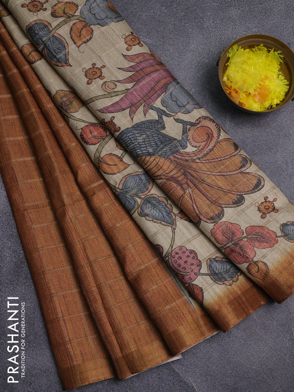 Semi tussar saree mustard yellow and beige with allover zari checked pattern and kalamkari printed pallu