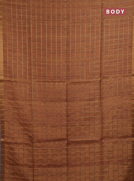 Semi tussar saree mustard yellow and beige with allover zari checked pattern and kalamkari printed pallu