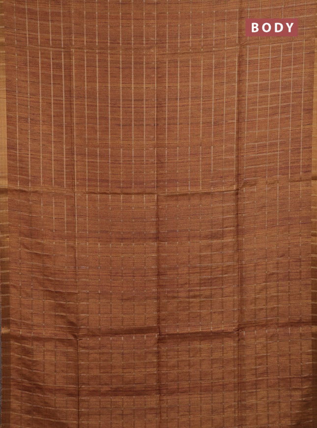 Semi tussar saree mustard yellow and beige with allover zari checked pattern and kalamkari printed pallu