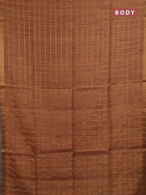 Semi tussar saree mustard yellow and beige with allover zari checked pattern and kalamkari printed pallu