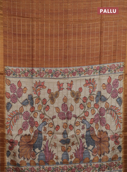 Semi tussar saree mustard yellow and beige with allover zari checked pattern and kalamkari printed pallu