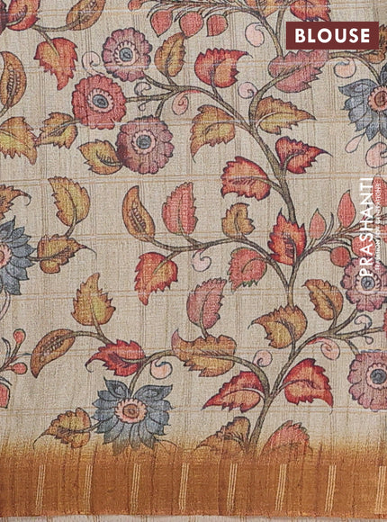 Semi tussar saree mustard yellow and beige with allover zari checked pattern and kalamkari printed pallu