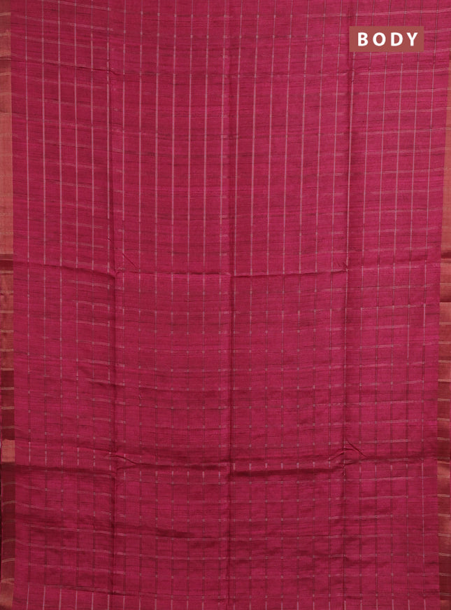 Semi tussar saree pink and beige with allover zari checked pattern and kalamkari printed pallu