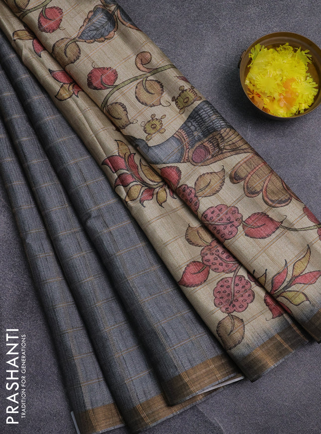 Semi tussar saree grey and beige with allover zari checked pattern and kalamkari printed pallu