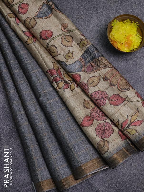 Semi tussar saree grey and beige with allover zari checked pattern and kalamkari printed pallu