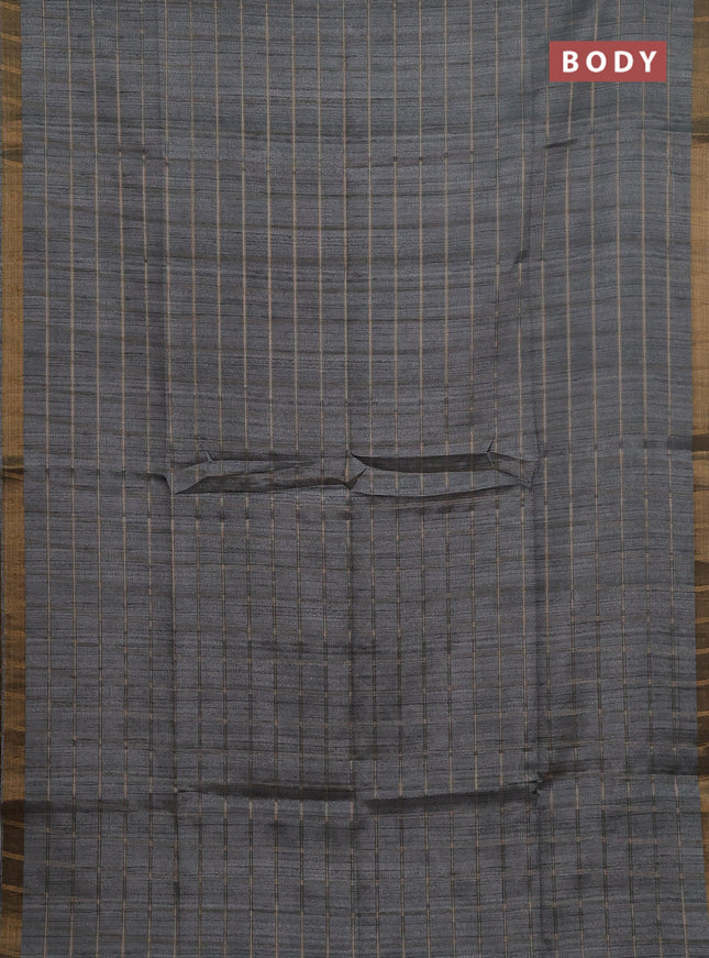 Semi tussar saree grey and beige with allover zari checked pattern and kalamkari printed pallu