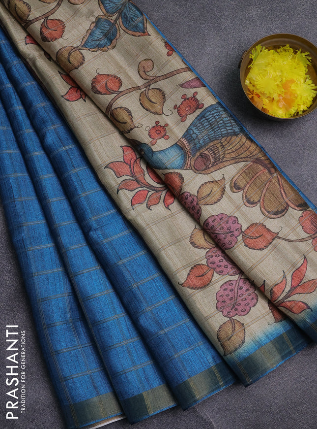 Semi tussar saree cs blue and beige with allover zari checked pattern and kalamkari printed pallu