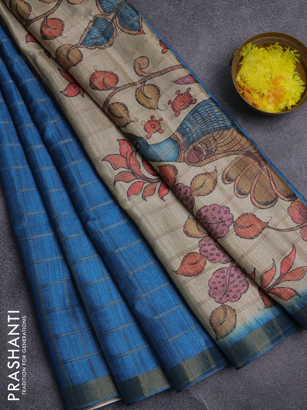 Semi tussar saree cs blue and beige with allover zari checked pattern and kalamkari printed pallu