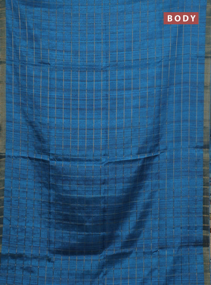 Semi tussar saree cs blue and beige with allover zari checked pattern and kalamkari printed pallu