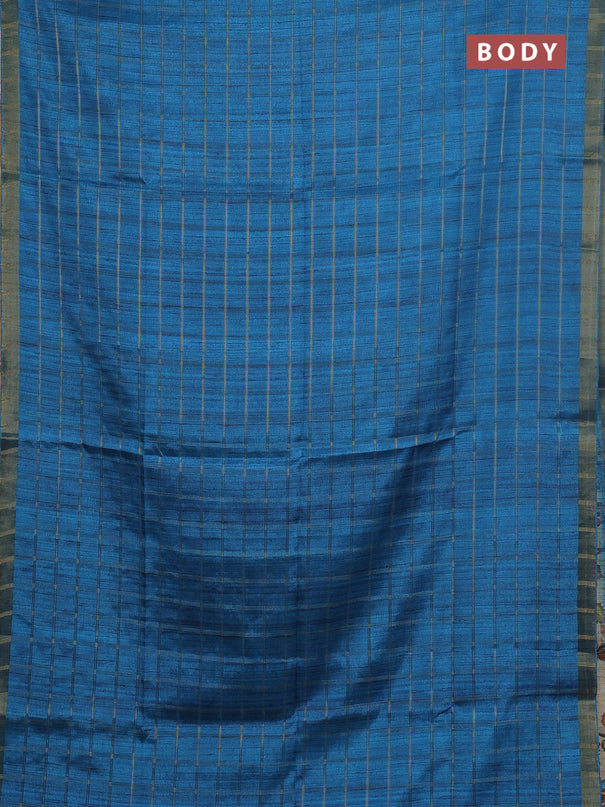 Semi tussar saree cs blue and beige with allover zari checked pattern and kalamkari printed pallu