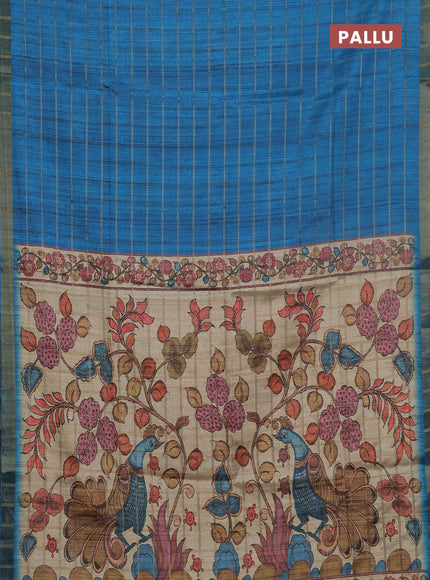Semi tussar saree cs blue and beige with allover zari checked pattern and kalamkari printed pallu