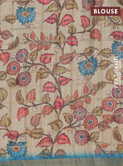 Semi tussar saree cs blue and beige with allover zari checked pattern and kalamkari printed pallu