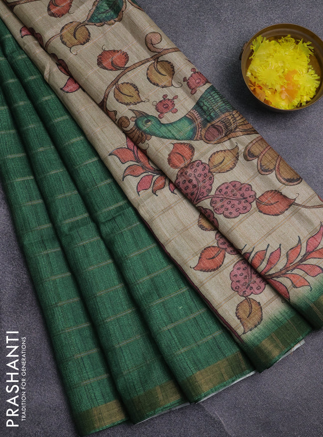 Semi tussar saree green and beige with allover zari checked pattern and kalamkari printed pallu