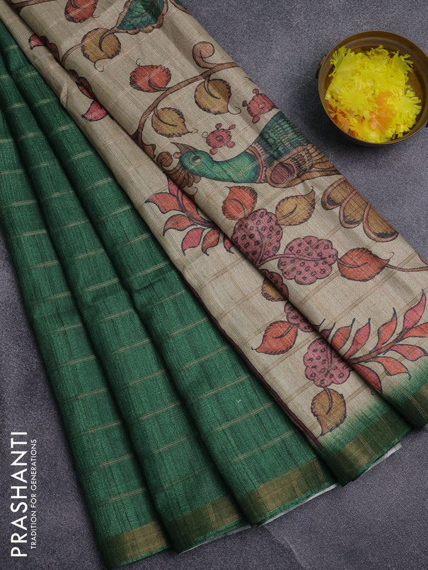Semi tussar saree green and beige with allover zari checked pattern and kalamkari printed pallu