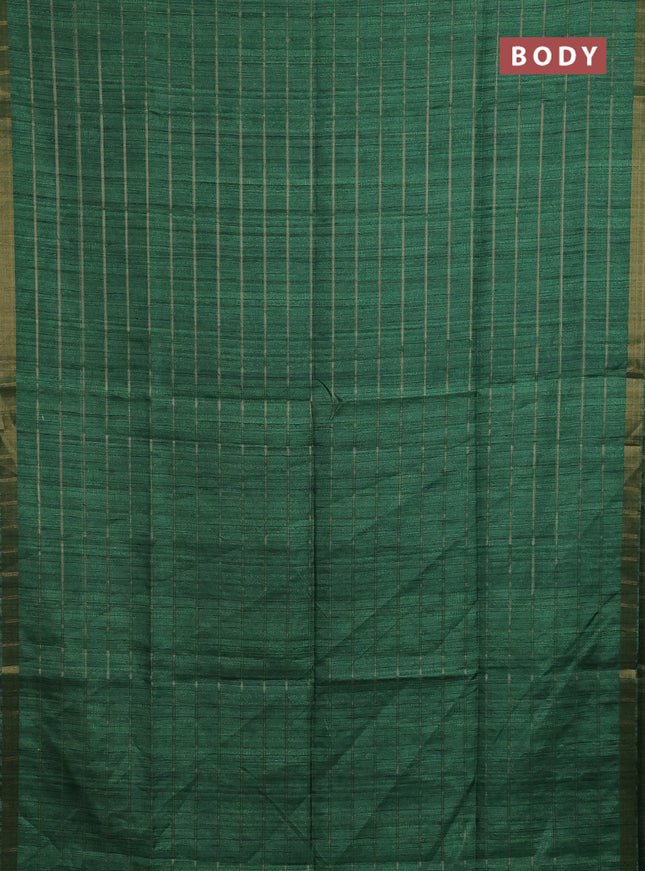 Semi tussar saree green and beige with allover zari checked pattern and kalamkari printed pallu