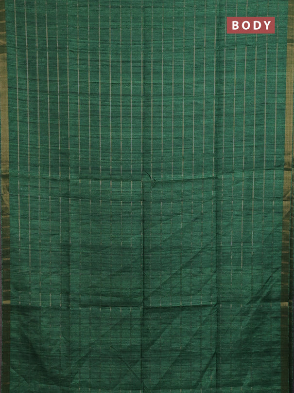 Semi tussar saree green and beige with allover zari checked pattern and kalamkari printed pallu