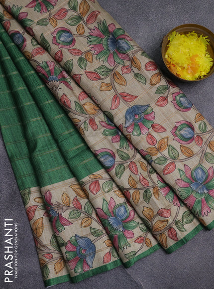 Semi tussar saree green and beige with allover zari checked pattern and kalamkari printed pallu