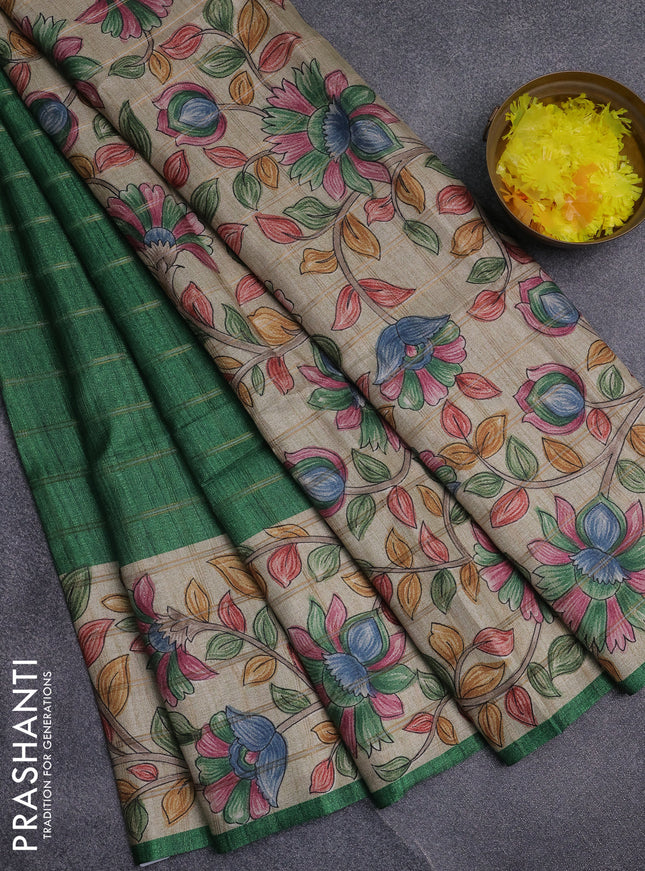 Semi tussar saree green and beige with allover zari checked pattern and kalamkari printed pallu