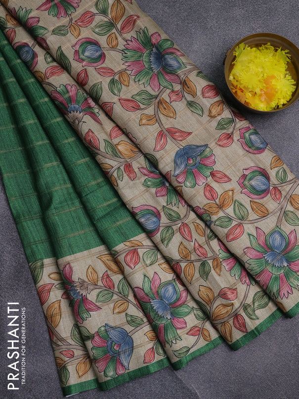 Semi tussar saree green and beige with allover zari checked pattern and kalamkari printed pallu