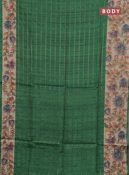 Semi tussar saree green and beige with allover zari checked pattern and kalamkari printed pallu