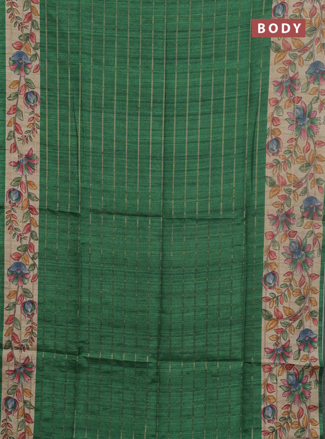 Semi tussar saree green and beige with allover zari checked pattern and kalamkari printed pallu